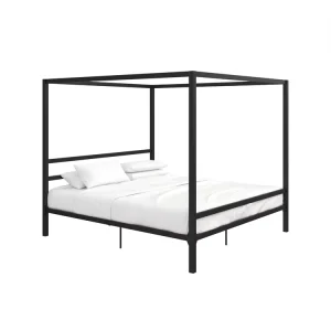 Modern Black Metal Canopy Bed Frame Queen Size Sturdy Steel Platform Bed with Headboard for Home Bedroom Furniture