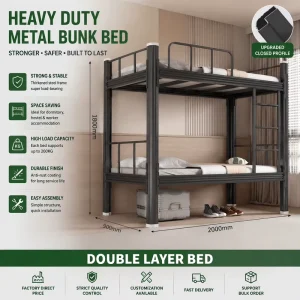 Modern Black Steel Metal Bunk Bed Double Layer Dormitory Bed for Adult Heavy Duty Hostel Bed with Upgraded Profile Easy Assembly