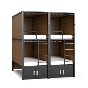Modern Double Decker Bed for Dormitory with Safety Railings and Storage Cabinets Black Metal Frame with Wooden Panels