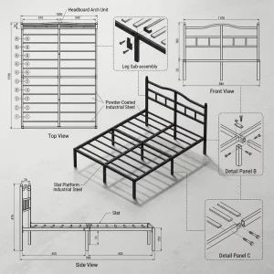 Modern Double Iron Bed Frame Silent Treatment Rust Proof Layer Load Bearing 3500 Pounds Thickened Material Foldable Design Home