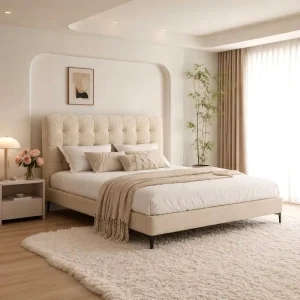 Modern Eco Friendly Velvet Upholstered Adjustable Soft Bed King Platform Bed with Metal Frame and Wooden Slat Support