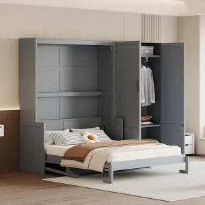 Modern Gray Queen size Metal Wall mounted Murphy Bed With Integrated Closet And Wardrobe Storage
