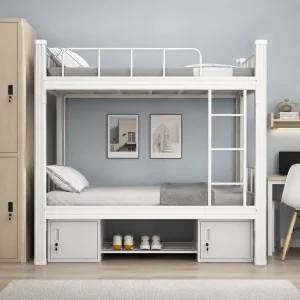 Modern Heavy Duty Metal Bunk Bed with Storage Cabinets and Shoe Rack Space Saving Iron Double Layer Bed for School Dormitory