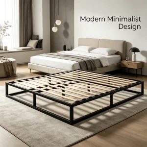 Modern Heavy Duty Metal Platform Bed Frame Poplar Wood Slats Knock Down Assembly No Box Spring Needed Bed Base for Hotel Use