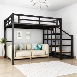 Modern Heavy Duty Steel Metal Loft Bed with Wood Stairs for Adults Use in Bedroom School Hotel