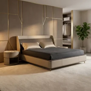 Modern Italian Luxury Leather Eco Friendly Comfortable King Size Soft Upholstered Double Bed Frame Metal Trim for Master Bedroom