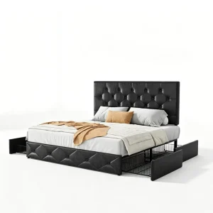 Modern King Platform Bed Frame Storage Adjustable Diamond Tufted Headboard Sturdy Wood Metal Slat Support No Box