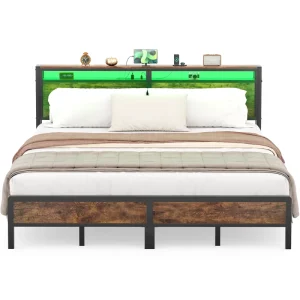 Modern King Size Bed Frame Rustic MDF Headboard Sturdy Metal Platform for Hotel Apartment Warehouse Bedrooms