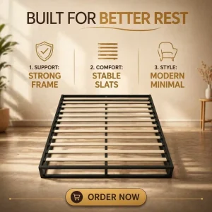 Modern Knock Down Metal Bed Frame with Poplar Slat Support Platform Bed Base for Hotel Hospital School & Bedroom Use