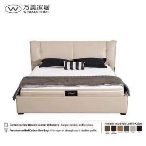 Modern Luxury Genuine Leather Upholstered Assembled Comfortable Bed King Queen Size Wooden Bed Frame