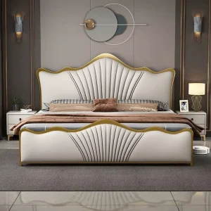 Modern Luxury Wood Bedroom Furniture Soft Up holstered Beds king Side Double Bed Frame Leather Set Storage Design Metal Goldy