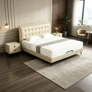 Modern Metal Bed Genuine Leather Upholstery Soft Warm Visual Effect Cozy Structure for Relaxing Resting Feeling Family Bedroom