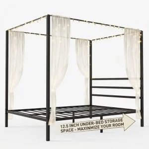 Modern Metal Canopy Bed Frame Four Poster Platform Bed Queen Size Built in Headboard No Box Spring Needed