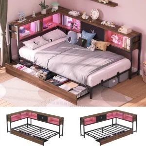 Modern Metal Corner Bed Frame with Storage Drawers LED Light & Charging Station Space Saving Twin Daybed