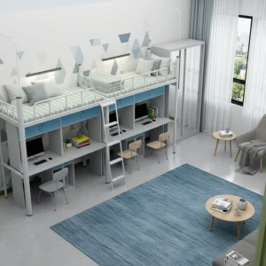 Modern Metal Frame Apartment Bunk Beds with Lower Table for College Dormitory Bedroom Hotel Use Raised Bed Design