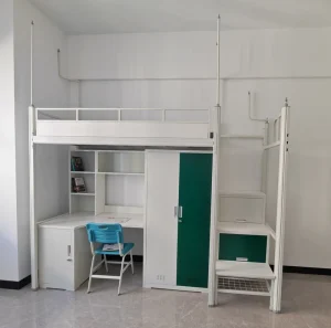 Modern Metal Frame Bunk Loft Bed With Study Table and Storage Cabinet Dormitory Integrated Student Apartment Bed