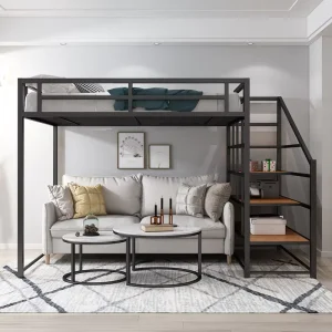 Modern Metal Heavy-Duty Loft Bed with Bookshelf Stairs for Space-Saving Bedrooms