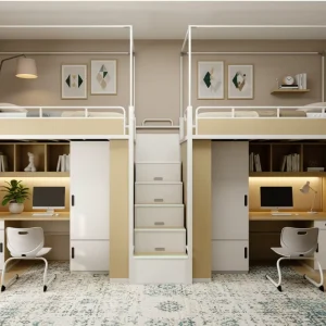 Modern Metal Iron Frame Bunk Bed for Students Apartment Dormitory Use Writing Table Storage Cabinet Wardrobe Living Room Bedroom