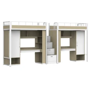Modern Metal Space Saving Twin Loft Bed Desk Wardrobe Staircase Storage 2 Person Dormitory Bed Frame for University Hostel