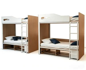 Modern Metal Twin Bunk Bed with Ladder and Privacy Panels for School Hotel and Dormitory Space Saving Bedroom Furniture