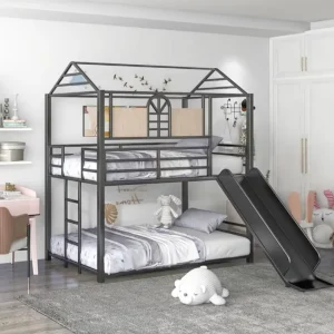 Modern Minimalist Children’s Metal Bunk Bed with Double Layered Slide Comfortable Durable for Apartment Use