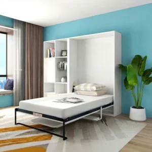 Modern Minimalist Metal Folding Wall Murphy Bed with Wardrobe Desk Integrated Rotating Foldable Single Bed Storage Bedroom Set