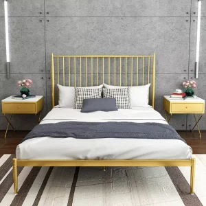 Modern Nordic Metal Bed Frame Sturdy Iron Platform Bed with Headboard for Apartment School Dormitory