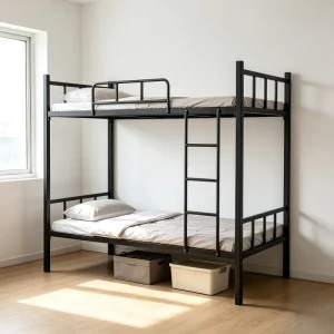 Modern School Apartment Use Black Metal Mesh Bunk Bed Adult with Ladder and Mattress Stopper