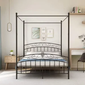 Modern Size Metal Canopy Bed Frame With Headboard & Footboard Sturdy Steel Easy Assembly For Bedroom Hotel Apartment