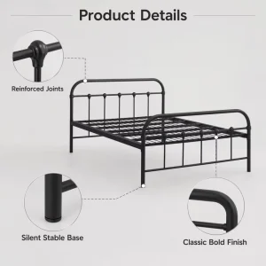 Modern Sleek Black Padded Double Silent Reinforced Steel Tube Bedroom Home Apartment Iron Bed