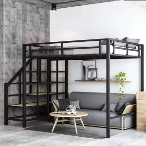 Modern Space Saving Metal Loft Bed with Multifunctional Lower Area Heavy Duty 1.2mm Tube Steel Bed for Adults