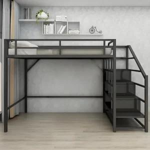 Modern Space Saving Metal Loft Bed with Multifunctional Lower Area Heavy Duty 1.2mm Tube Steel Bed for Adults