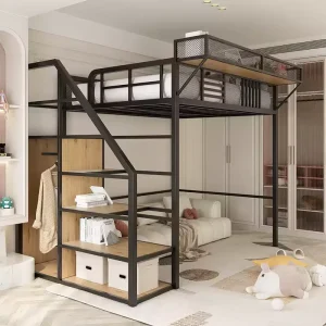 Modern Space Saving Metal Loft Bed with Multifunctional Lower Area Heavy Duty 1.2mm Tube Steel for School Bedroom Use