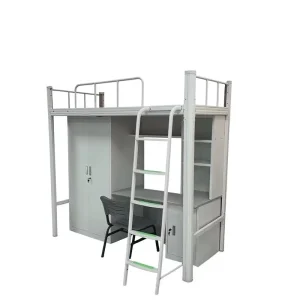 Modern Strong Metal Loft Bed with Stair and Wardrobe Dormitory Bed with Desk and Storage Drawers for Apartment Use