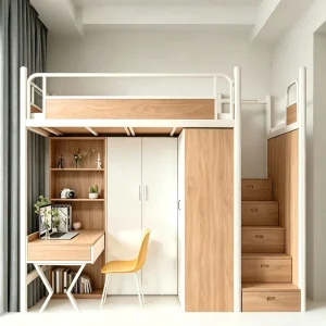 Modern Student Apartment Dormitory Metal Wood Loft Double Bunk Bed with Writing Table Storage Cabinets Wardrobes for School