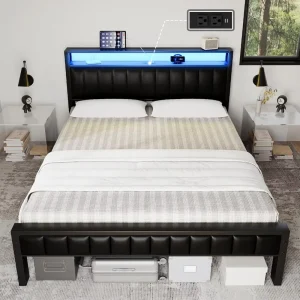 Modern Sturdy Metal Bed with Upholstered Headboard for Bedroom Steel Bed Frame