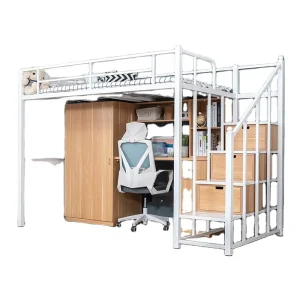 Modern Style Metal Adjustable Knock Down Dormitory Bed Desk Versatile Loft Bedframe for Bedroom Hotel Office School Apartment