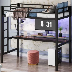 Modern Twin Loft Bed Desk Metal Frame Safety Guard Rails 2 Side Ladders Black Powder Coated Apartment Bedroom Living Room School