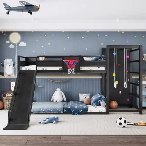 Modern Twin XL Loft Bed Frame Basketball Hoop Pull up Rings Metal Bunk Bed Climbing Wall Bookshelves for Bedroom Apartment Use