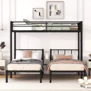 Modern Twin XL Over Twin Metal L Shaped Bunk Bed with Loft 3 Beds in 1 Space Saving Metal Bed Frame for Kids Teens Adults