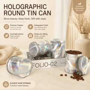 Multi-use Shiny Round Metal Storage Tin with Rainbow Laser Surface for Coffee Tea and Candies