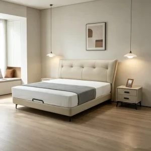 New Design Modern Genuine Leather Upholstered Soft Bed Metal Frame Pinewood King Size Platform Bed Eco Friendly Durable