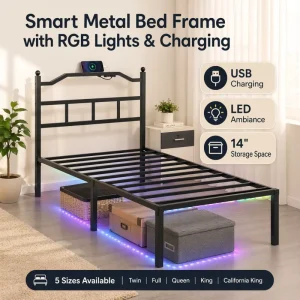 Noise Free Anti Slip Design Heavy Duty Metal Bed Frame with Headboard Socket LED Light Storage Box Factory Direct