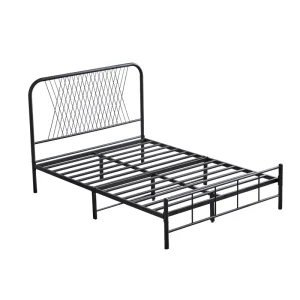 Nordic Metal Bed Frame Cross Mesh Headboard Queen Size Iron Bed Platform for Teenager Bedroom Furniture for Apartment Dormitory