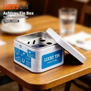 OEM ODM Custom Embossed Tinplate Square Metal Can Container Small Ashtray Tin Box for Home Storage