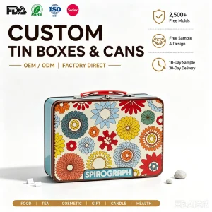OEM & ODM Custom Tin Box Hinged Handle Lunch Box Metal Storage Box for Cosmetics