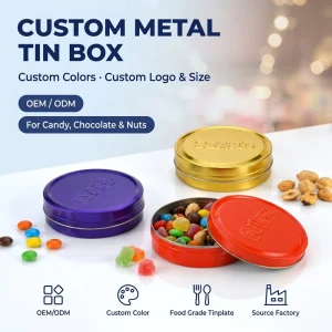 OEM Round Tinplate Tin Box Food Safe Print Candy Biscuit Cookie Metal Gift Box Wedding Party Favor Packaging Tin Can