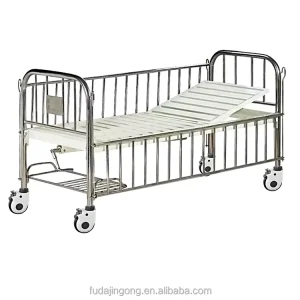 On Wheels Stainless Steel Metal Frame Manual Adjustable Children Hospital Bed with Shoe Rack