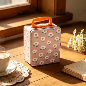 Patterned Tinplate Gift Box for Toys, Vintage Suitcase Shape, Metal Tin Toy Box with Lock Catch, Holiday Present Case