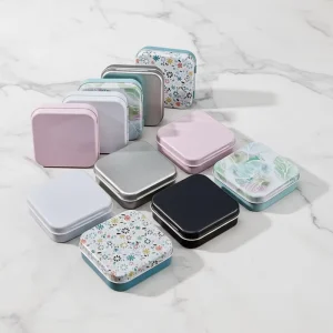 Pocket Size Square Hinge Cosmetic Storage Metal Tin Box with Mirror